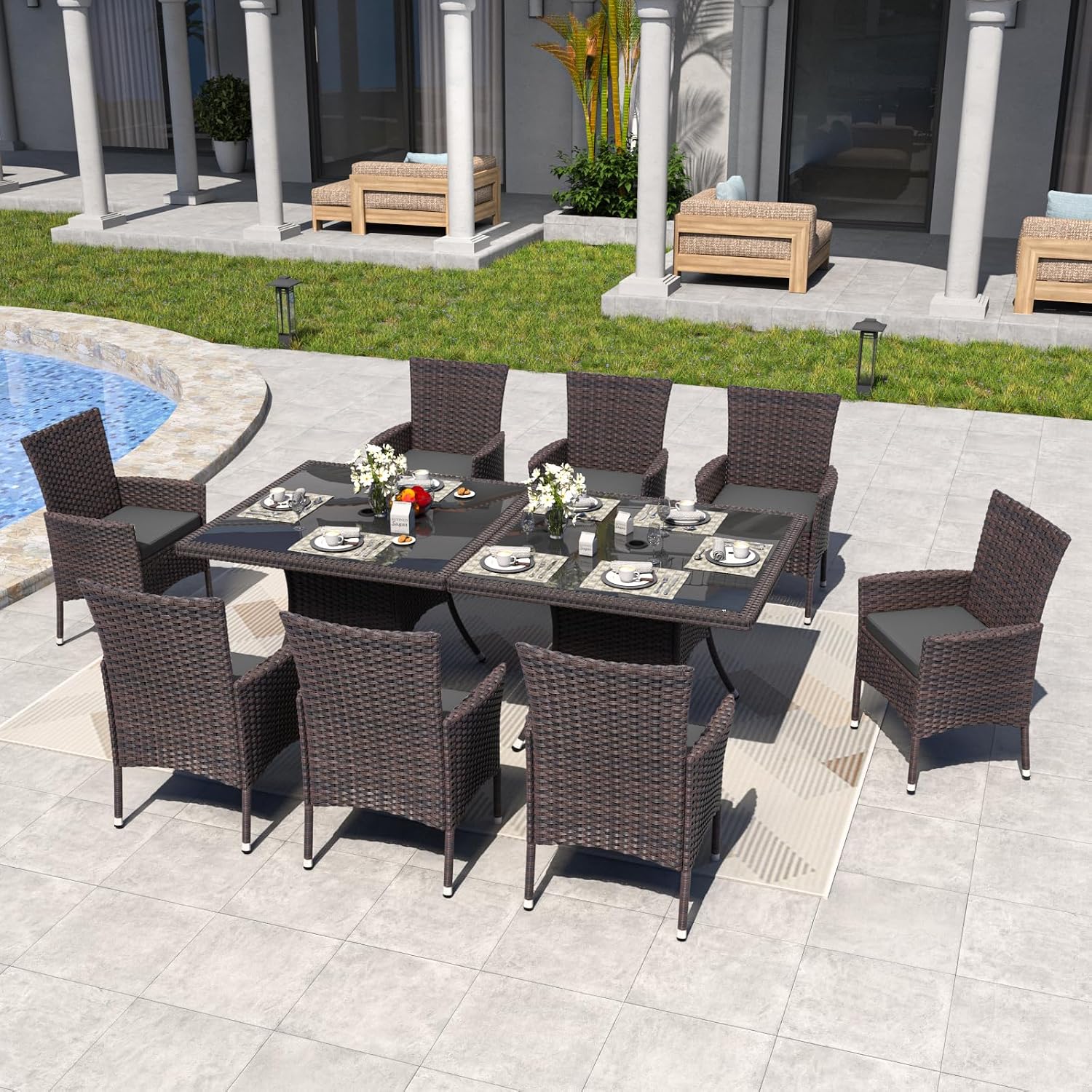 ALAULM 10 Piece Patio Dining Set All-Weather Wicker Outdoor Patio Furniture Set w/Tempered Glass Tabletop, Removable Cushions and Umbrella Hole for Patio, Backyard, Garden, Poolside (Grey)