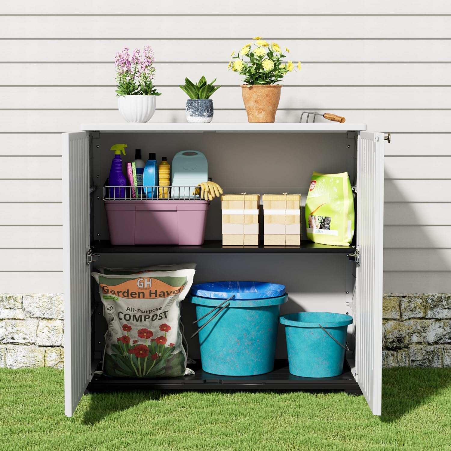 KINYING Outdoor Storage Cabinet Waterproof, 60 Gallon Resin Outdoor Storage Shed for Patio/Garden/Backyard, Outdoor Storage Box for Cushions,Garden Tools and Pool Supplies(White with 1 Shelving)