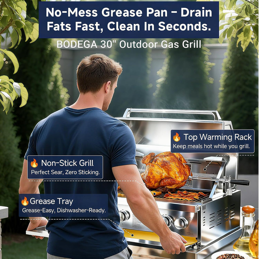 BODEGA 5 Burner Built In Gas Grill Island Head, Stainless Steel 30 Inch Propane Grill with Rear Burner, 58000 BTUs, 988.5 SQ In Racks, Dual Fuel Compatibility, Gas Grill Outdoor Cooking, BBQ Fork Kit.