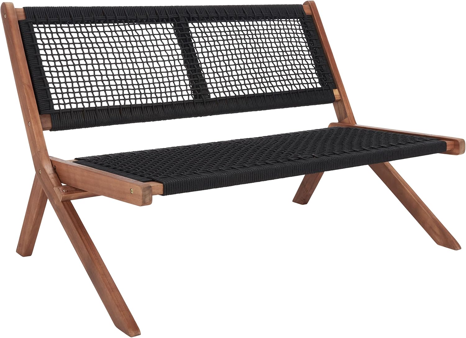 SAFAVIEH Outdoor - Kobina Folding Bench - Natural & Black - Solid Wood and Rope - Modern Sculpted Folding Design - Ideal for Patio, Deck, Porch, Backyard, 13.8' Seat Height (PAT7304E)