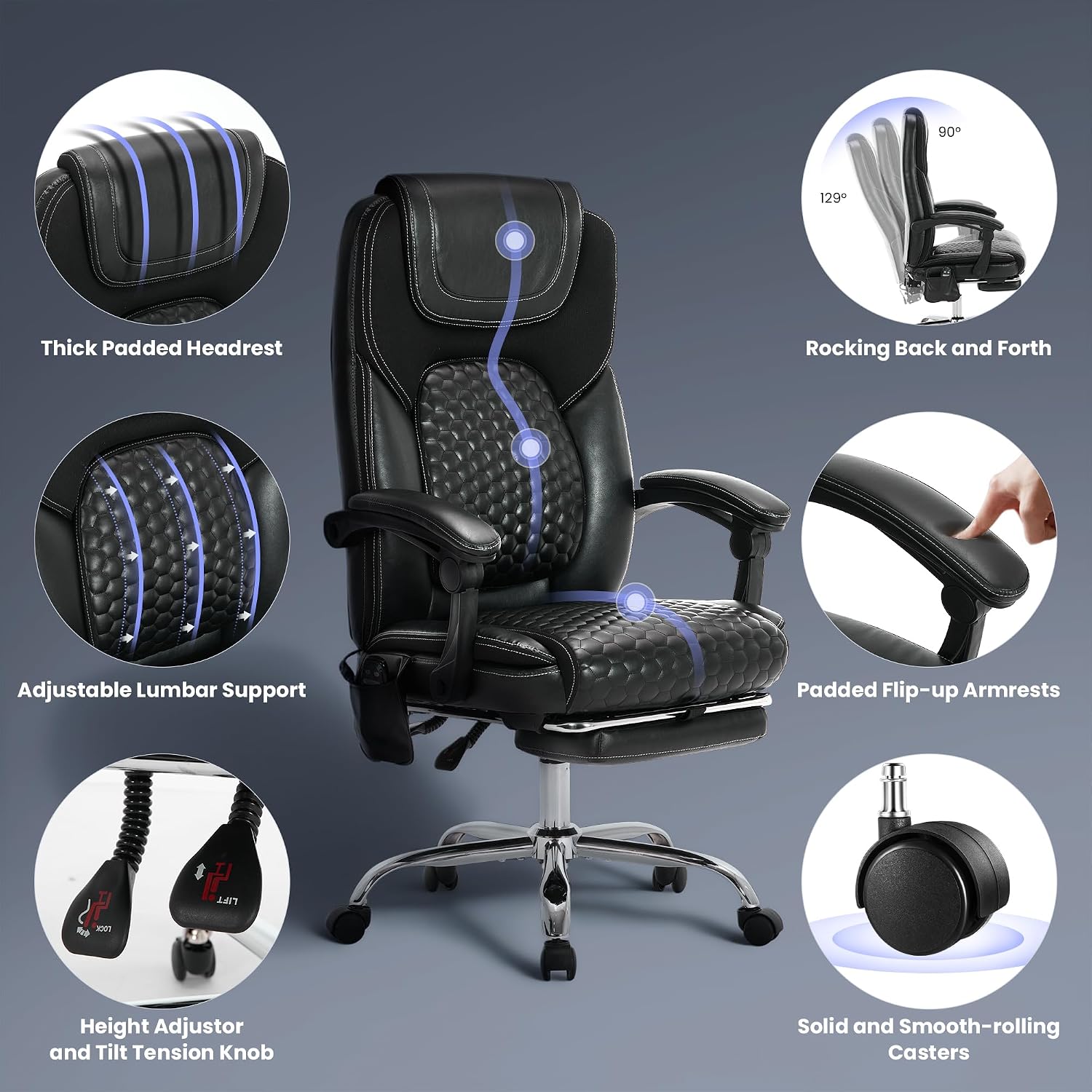 MALOL Massage Office Chair with Heat and Footrest - 3-Level 65°C Targeted Heating, 20-Min Assembly Leather Desk Chair, Big and Tall Executive Computer Chair with Side Pocket, 300 lbs, Black,Set of 2