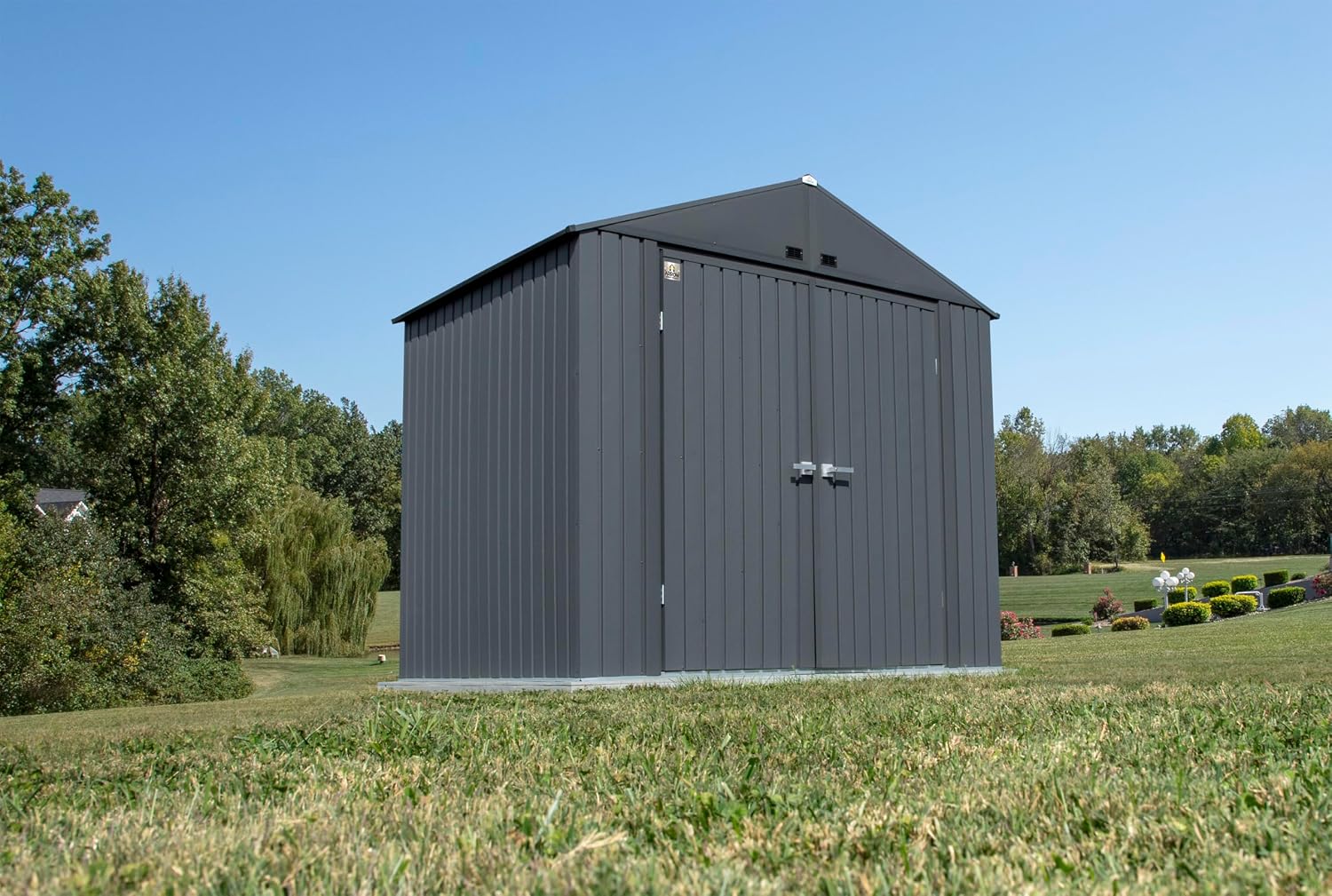 Arrow Shed Elite 8' x 6' Tall Outdoor Steel Storage Shed with High Gable and Lockable Doors Storage Building, Anthracite