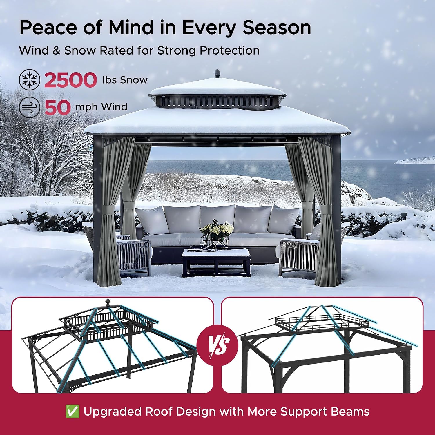 SUNJOY Kingston 12' x 10' Hardtop Gazebo with Galvanized Steel Double Roof, Curtain and Netting, Gray Aluminum Posts Permanent Pavilion Gazebo for Garden, Patio, Deck, Lawn