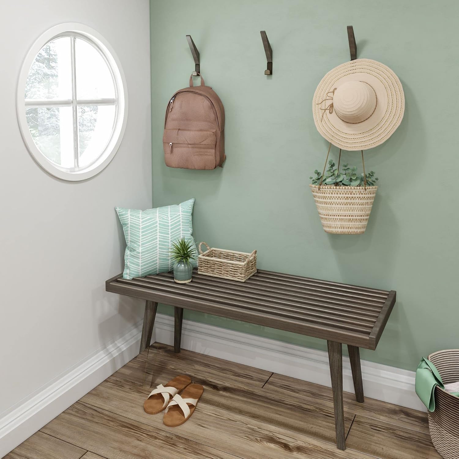 Plank+Beam Entryway Bench, Wooden End of Bed Bench for Bedroom, Mid-Century Modern Square Bench for Hallway, Living Room, Indoor, Porch, 41.25', Clay