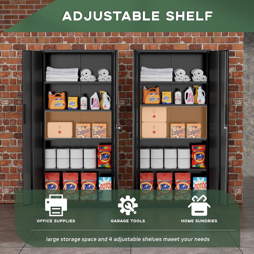 Greenvelly Metal Garage Storage Cabinet, 72' Lockable Storage Cabinet with Adjustable Shelves, Steel Tool Cabinets, Black Metal File Cabinet for Home Office, Garage, School, Classroom(36' W x 18' D)