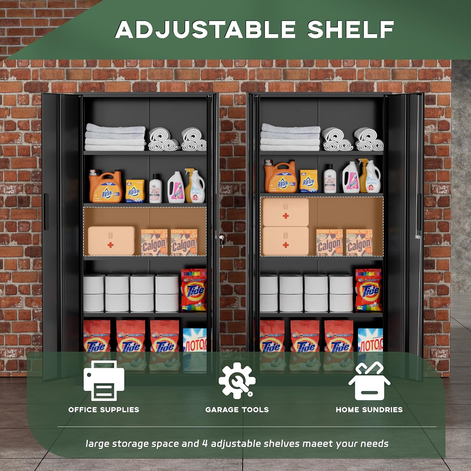 Greenvelly Metal Garage Storage Cabinet, 72' Lockable Storage Cabinet with Adjustable Shelves, Steel Tool Cabinets, Black Metal File Cabinet for Home Office, Garage, School, Classroom(36' W x 18' D)