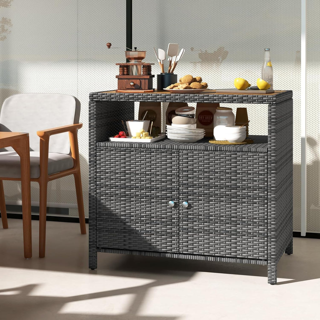 HAPPYGRILL Rattan Storage Cabinet, Patio Sideboard Buffet Cabinet with Acacia Wood Countertop, Open Shelf & 2 Door Cabinet, Wicker Storage Organizer for Garden Tools (Mixed Grey)