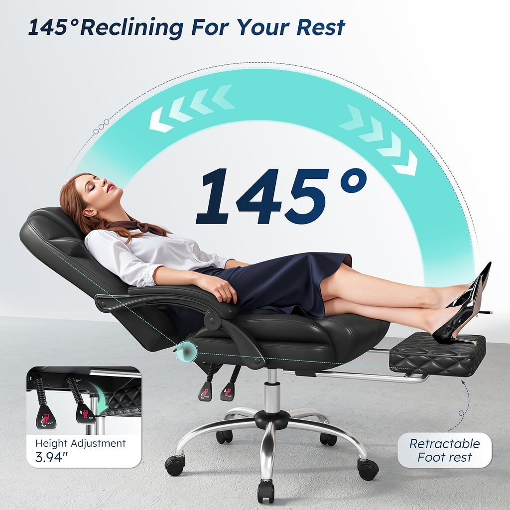 Big and Tall Office Chair 400lbs - Executive Ergonomic Desk Chair with Footrest, High Back Reclining Leather Chair with Lumbar Support for Home Office, Black