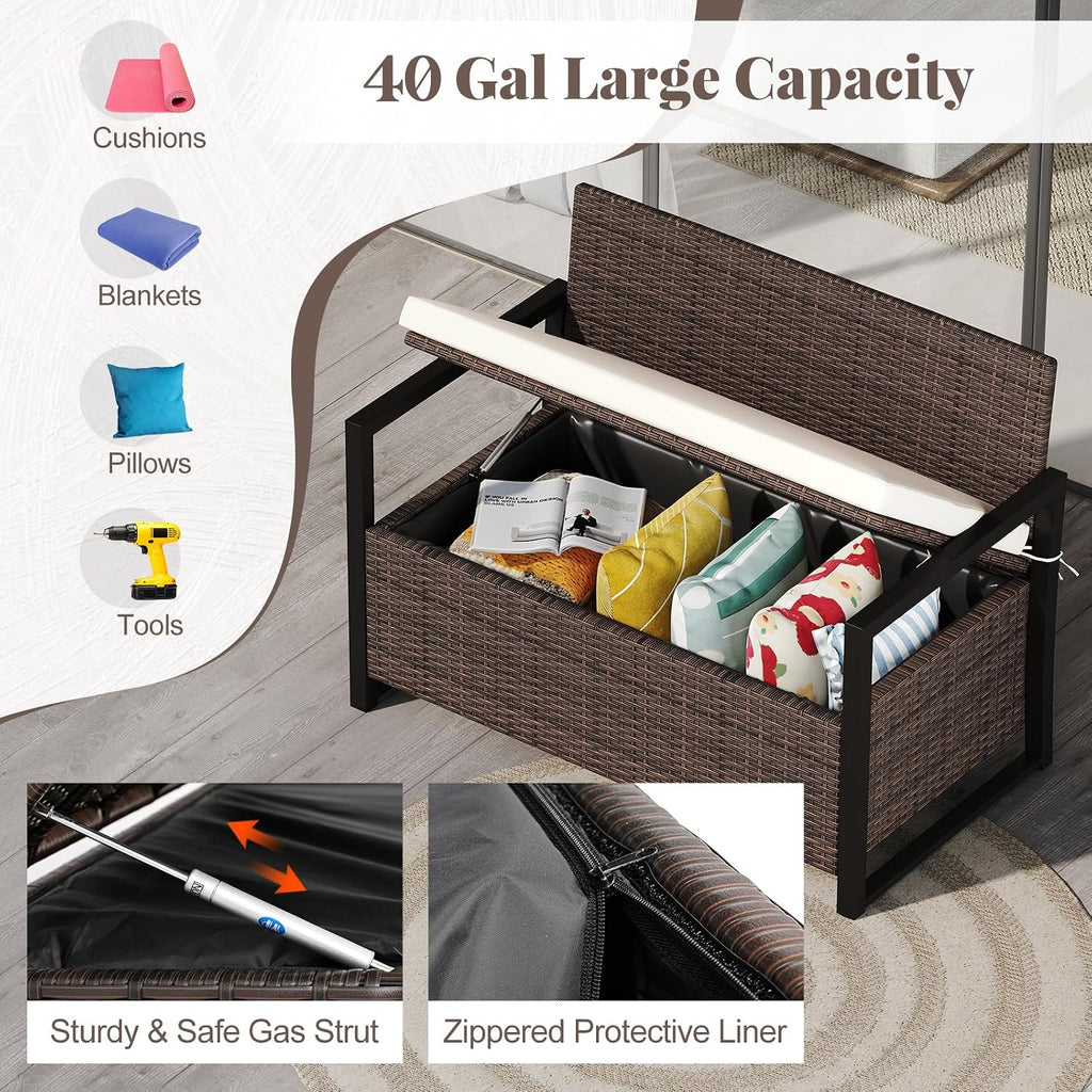 RELAX4LIFE Wicker Outdoor Bench with Storage - Rattan Deck Box w/Protective Liner for Pillows, Pool Supplies, Garden Tools, Patio Loveseat with Seat Cushion & Metal Armrests for Backyard Porch Balcony