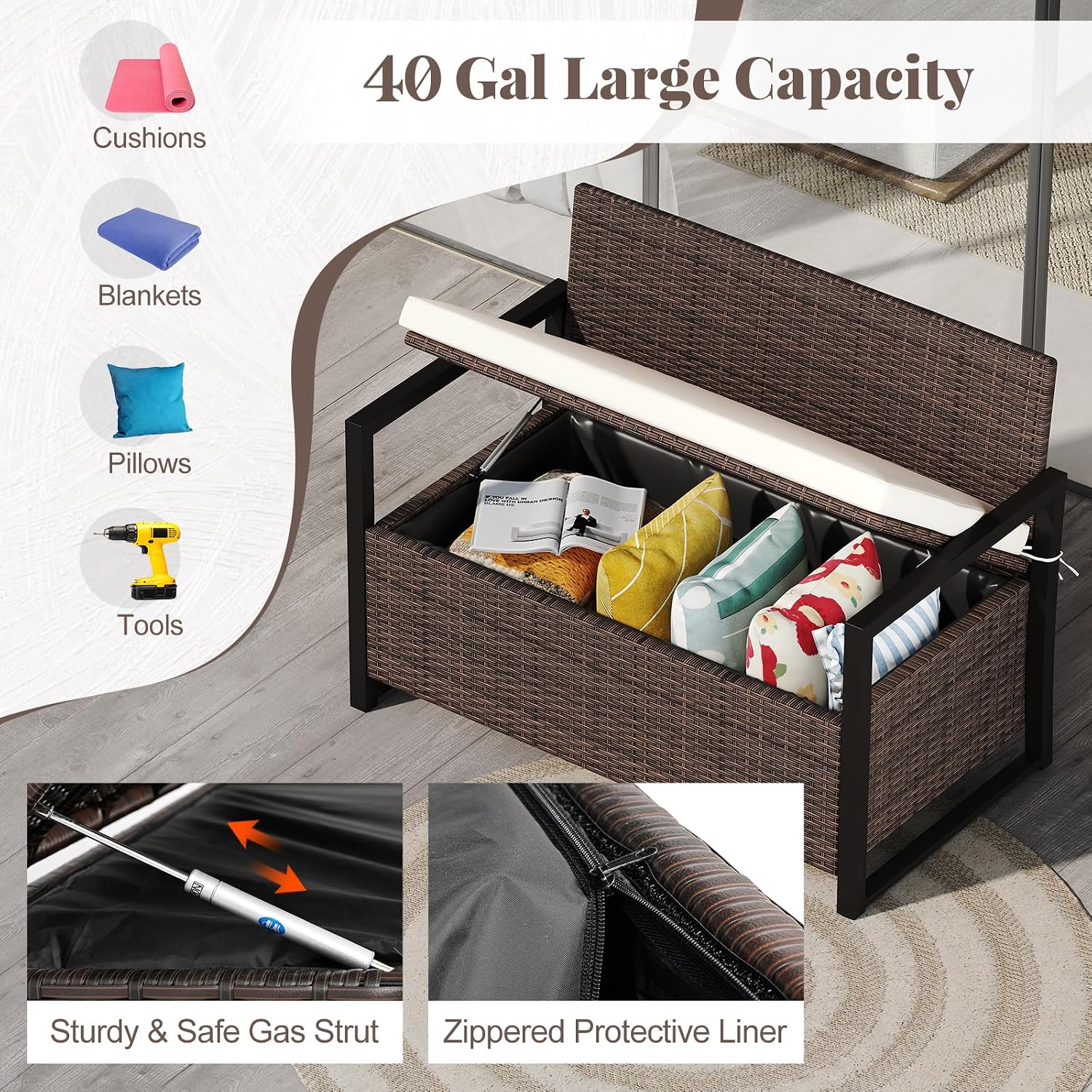RELAX4LIFE Wicker Outdoor Bench with Storage - Rattan Deck Box w/Protective Liner for Pillows, Pool Supplies, Garden Tools, Patio Loveseat with Seat Cushion & Metal Armrests for Backyard Porch Balcony