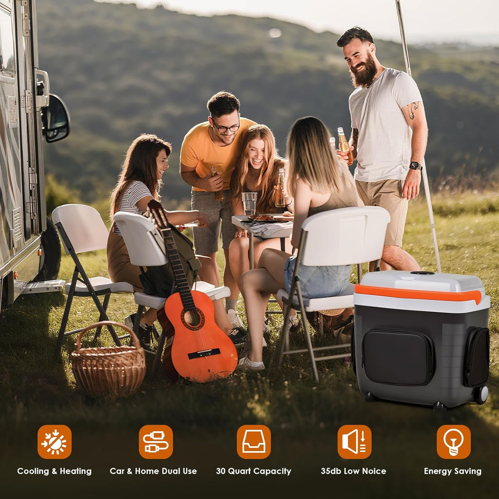 Kikihouse Electric Car Cooler & Warmer with Wheels & Handle, 32 Quart (30 L) 12 Volt DC & 110V AC Portable Thermoelectric Fridge Plug in Cooler for Car/Camping/Travel/Truck/Picnic