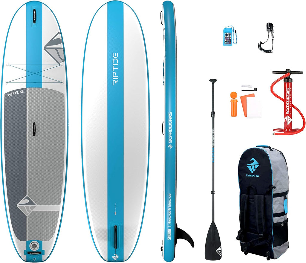Boardworks SHUBU Riptide Inflatable Stand-Up Paddle Board (iSUP) | SUP Package Includes Three Piece Paddle, Carry Bag and Pump (SUP) Complete Kit | 10'6', Blue/White/Grey