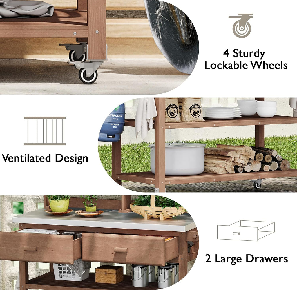 64.9' H Outdoor Potting Bench Table with Lockable Wheels, Solid Wood Outdoor Cabinet with Upper Hutch, Towel Rack,Outdoor Storage for Lawn Garden, Brown