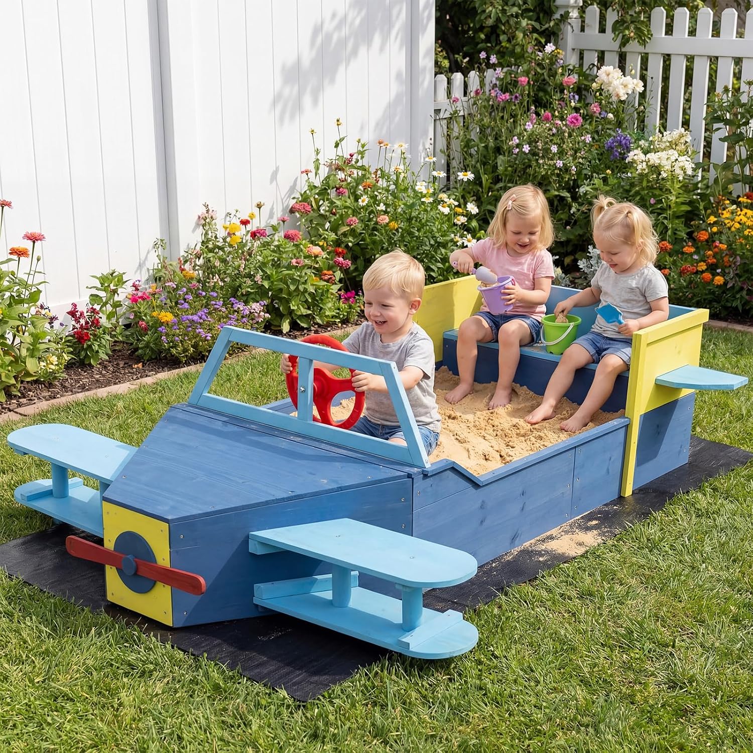 Costzon Sandbox, Fir Wood Glider-Shaped Sand Pit with Bottom Liner, Bench Seat, Propeller, Rotatable Rudder & Side Wings for Kids Boys Girls, Outdoor Playset for Backyard, Beach and Patio