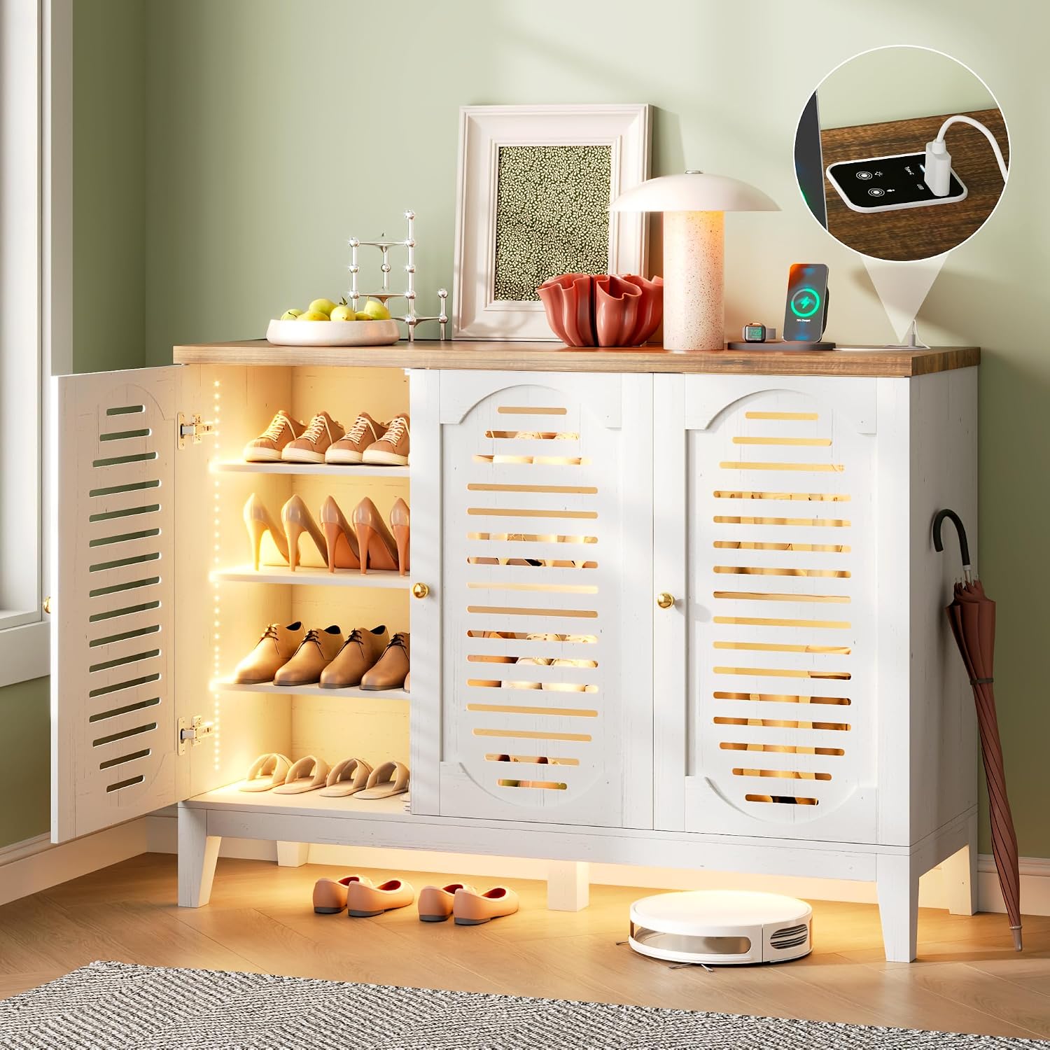 Vlsrka Shoe Cabinet with 3 Doors, Narrow Wooden Shoe Cabinet, Hidden Shoe Storage for Entryway, Foyer, Hallway (White C)