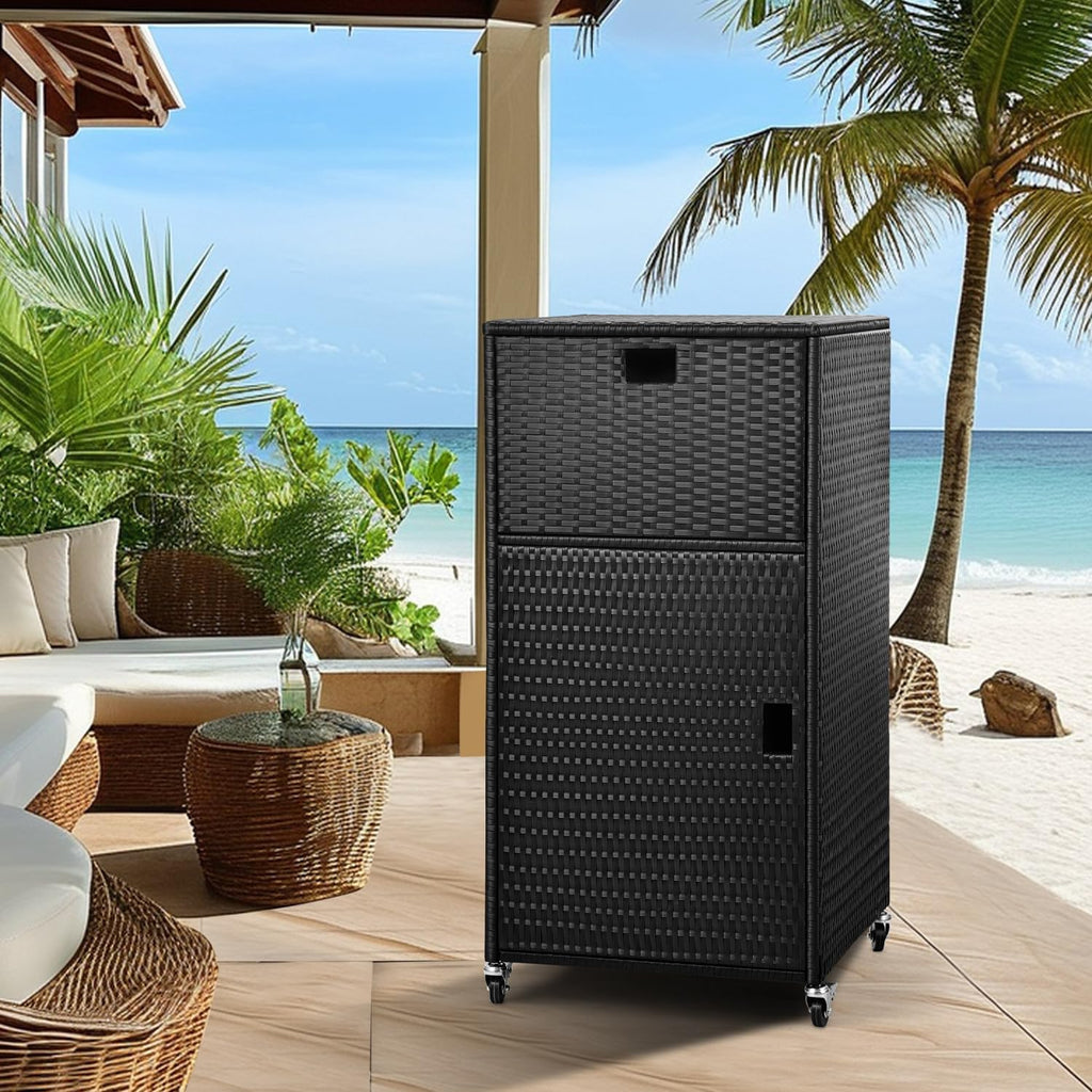 Outdoor Pool Towel Storage Cabinet Outdoor Towel Rack for Pool with Shelf & Drawer Pool Towel Hoder with Rolling Wheels Hot Tub Towel Rack W/Waterproof Cover Poolside Towel Valet Caddy for Spa Black