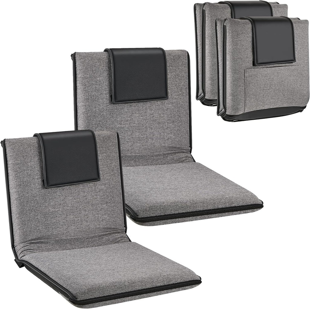 2 Pcs Adjustable Floor Chair with Back Support, Padded Seat, Portable, Meditation Cushion, Fully Folding Backrest for Adult, Kid, Gaming - Linen Washable Cover, Nylon Bottom (Gray, Black)