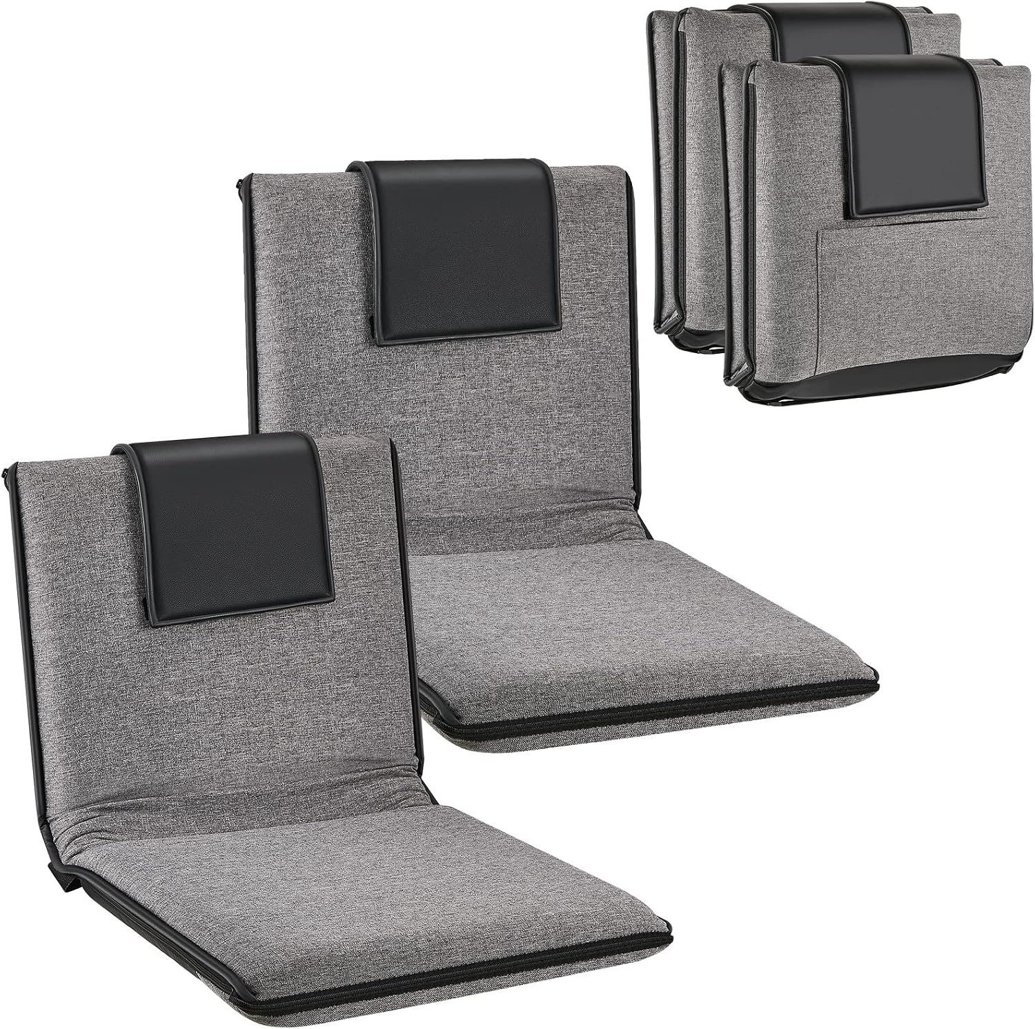 2 Pcs Adjustable Floor Chair with Back Support, Padded Seat, Portable, Meditation Cushion, Fully Folding Backrest for Adult, Kid, Gaming - Linen Washable Cover, Nylon Bottom (Gray, Black)