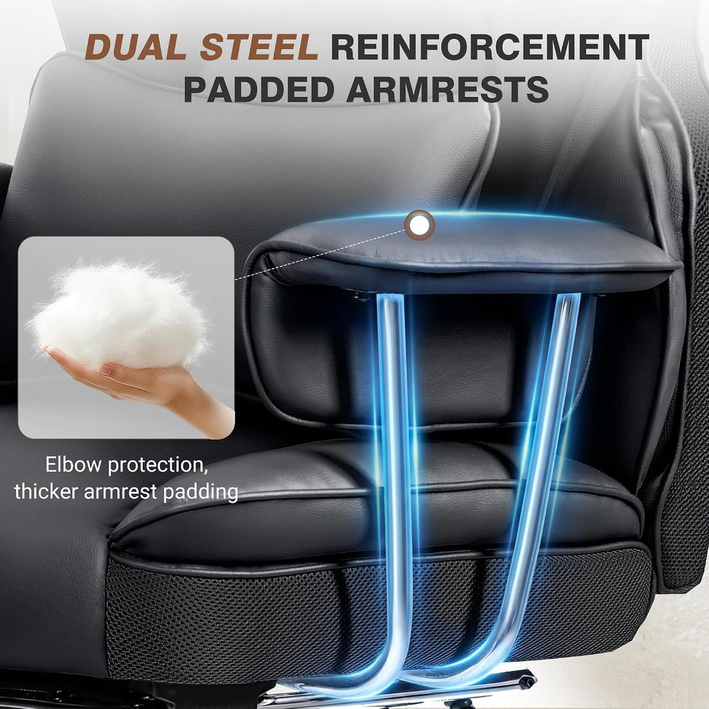 ALLGOD Office Chair Comfy, Big and Tall Executive Leather Chair, High Back Ergonomic Wide Chair with Footrest, Reclining Computer Desk Chair, Heavy Duty Gaming Chair with Padded Arm and Pillow, Black