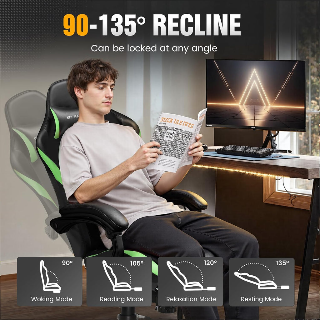 GTPLAYER Gaming Chair with Foot Rest & Pocket Spring Cushion, Ergonomic High Back Computer Chair with Headrest & 360°-Swivel Seat for Home Office Desk, PU Leather, Vivid Green