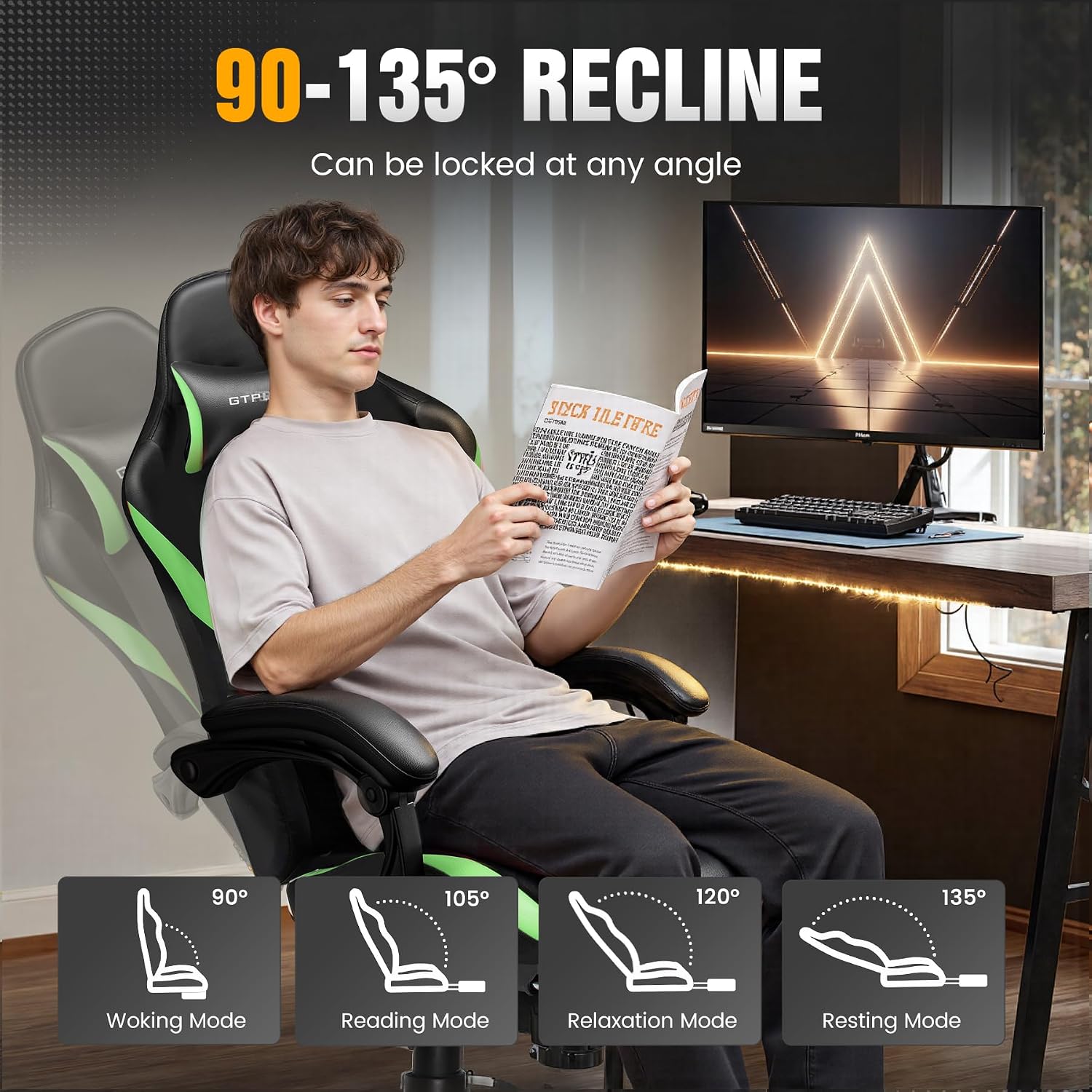 GTPLAYER Gaming Chair with Foot Rest & Pocket Spring Cushion, Ergonomic High Back Computer Chair with Headrest & 360°-Swivel Seat for Home Office Desk, PU Leather, Vivid Green