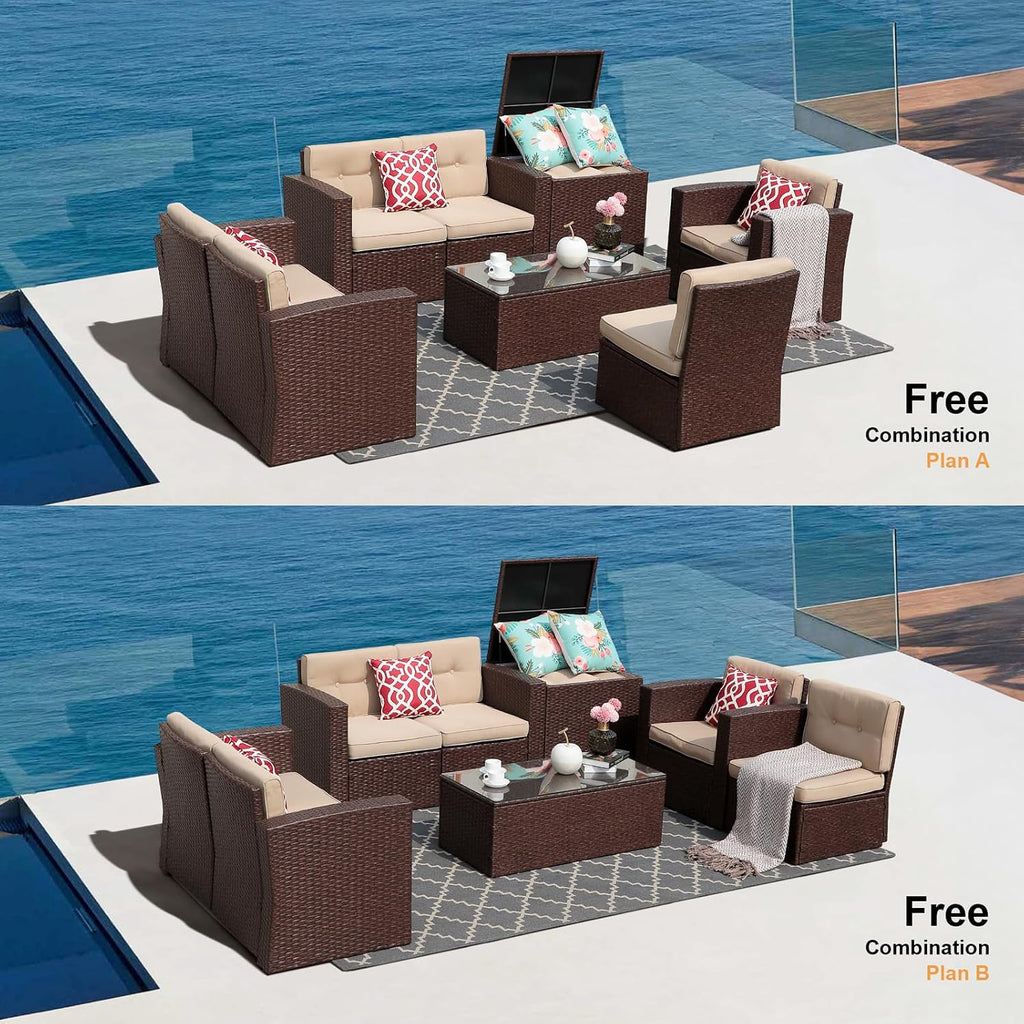 Super Patio 8 Pieces Outdoor Patio Furniture Set, Wicker Patio Conversation Sets with Storage Box, Rattan Outdoor Sectional Sofa Set with Cushions and Coffee Table for Outside Porch, Deck, Brown