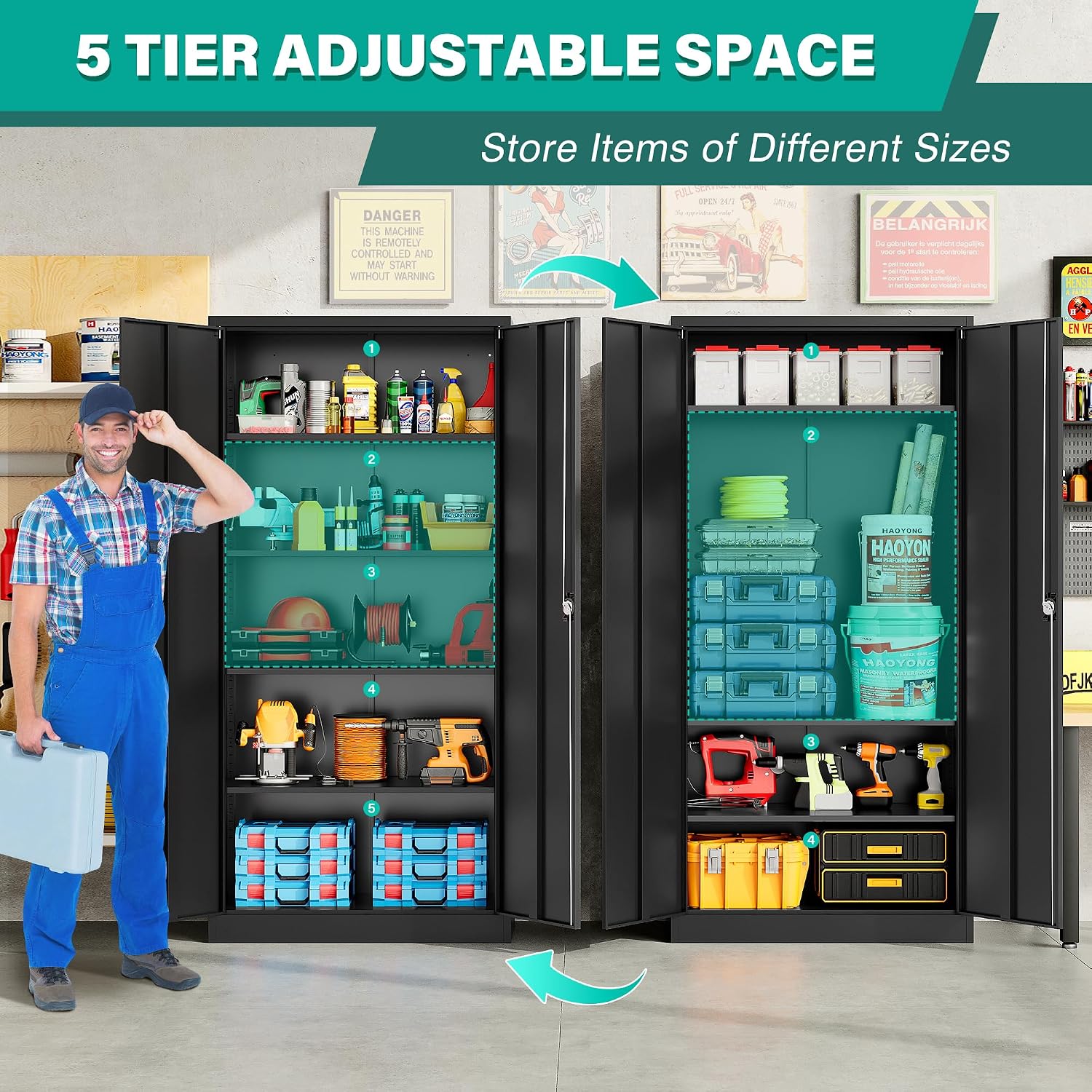 SISESOL Metal Storage Cabinet with 2 Doors and 5 Shelves,71' Lockable Garage Storage Cabinet,Black Metal Cabinets with Lock,Locking Steel Cabinets for Home,Office,Garage,Shop,School