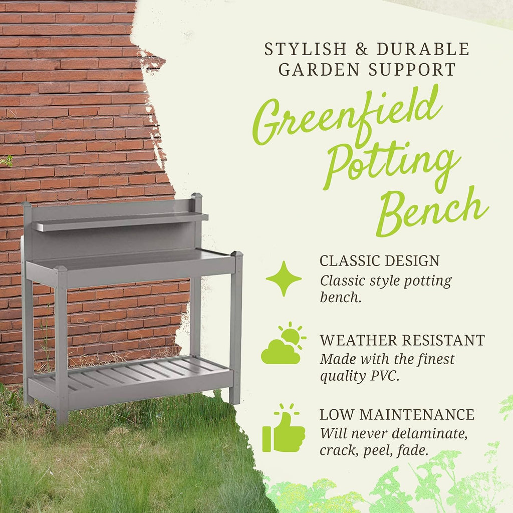 Dura-Trel Greenfield PVC Vinyl Indoor Outdoor Table Potting Bench Station with Shelf for Plant Accessories & Gardening Supplies Storage, Mocha
