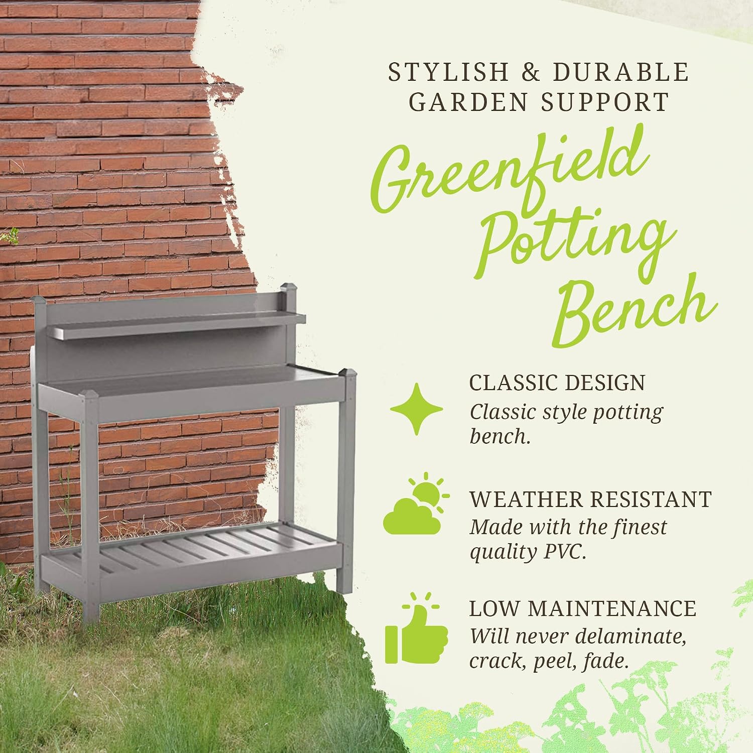 Dura-Trel Greenfield PVC Vinyl Indoor Outdoor Table Potting Bench Station with Shelf for Plant Accessories & Gardening Supplies Storage, Mocha