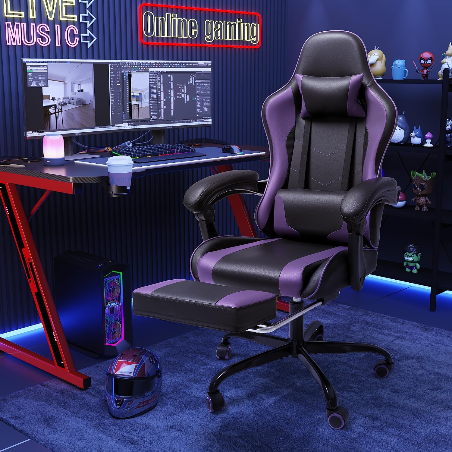 Shahoo Gaming Chair with Footrest and Massage Lumbar Support, Computer Chairs, Video Racing Seat Height Adjustable with 360°Swivel and Headrest for Office or Bedroom, Purple