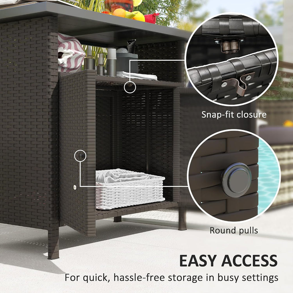 Outsunny Wicker Outdoor Storage Cabinet, Rattan Outdoor Bar Table with 2 Doors and Shelf, Outdoor Buffet Cabinet Sideboard with Metal Slatted Countertop for Poolside, Patio, Backyard, Dark Coffee