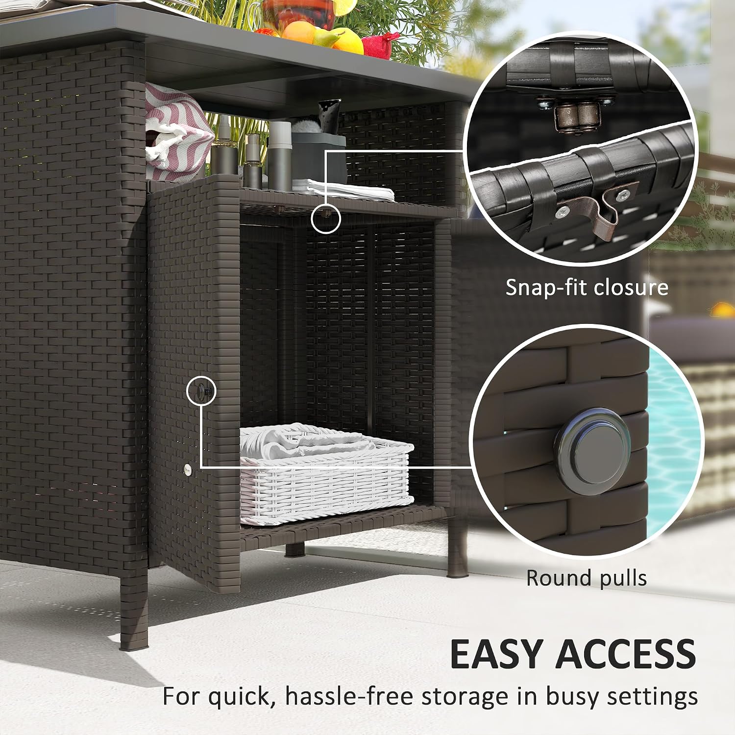 Outsunny Wicker Outdoor Storage Cabinet, Rattan Outdoor Bar Table with 2 Doors and Shelf, Outdoor Buffet Cabinet Sideboard with Metal Slatted Countertop for Poolside, Patio, Backyard, Dark Coffee