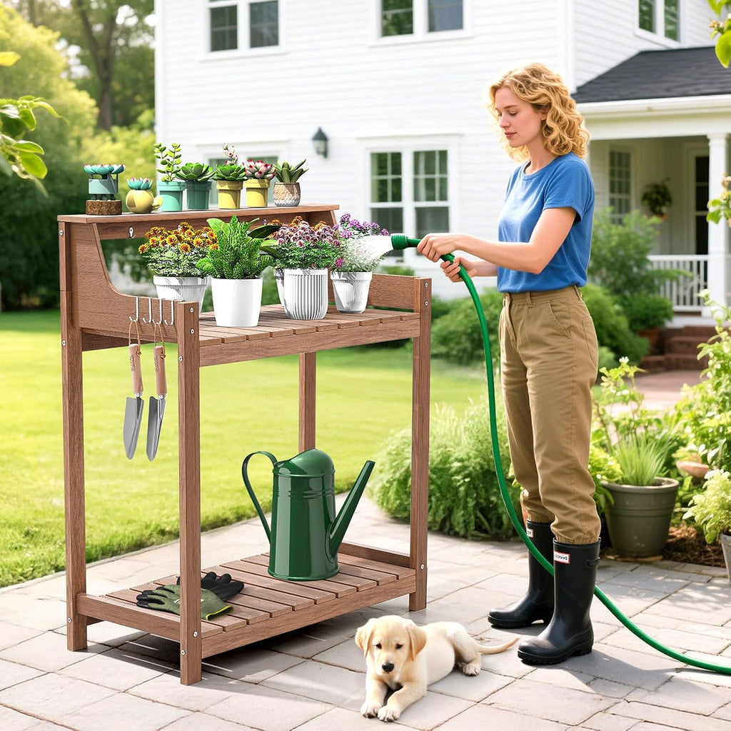 ONBRILL HDPS Potting Bench, All Weather Potting Table with 8 Hooks and Highten Tabletop, Easy Assembly Garden Work Bench, Outdoor Potting Benches for Outside Patio Lawn, 360LBS Capacity, Teak