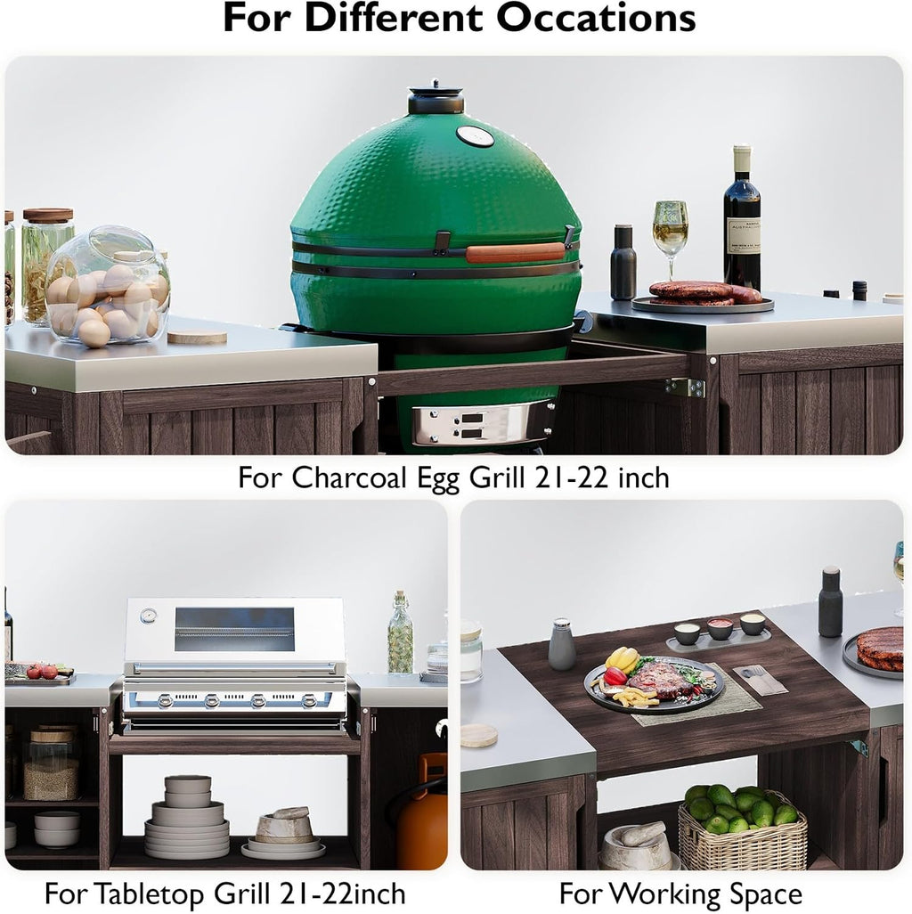 66.5' Outdoor Kitchen Island with Stainless Steel Top for Big Green Egg, Rolling Grill Cart with Adjustable Shelves, Lockable Wheels, Outdoor Table and Bar Storage Cabinet for Patio