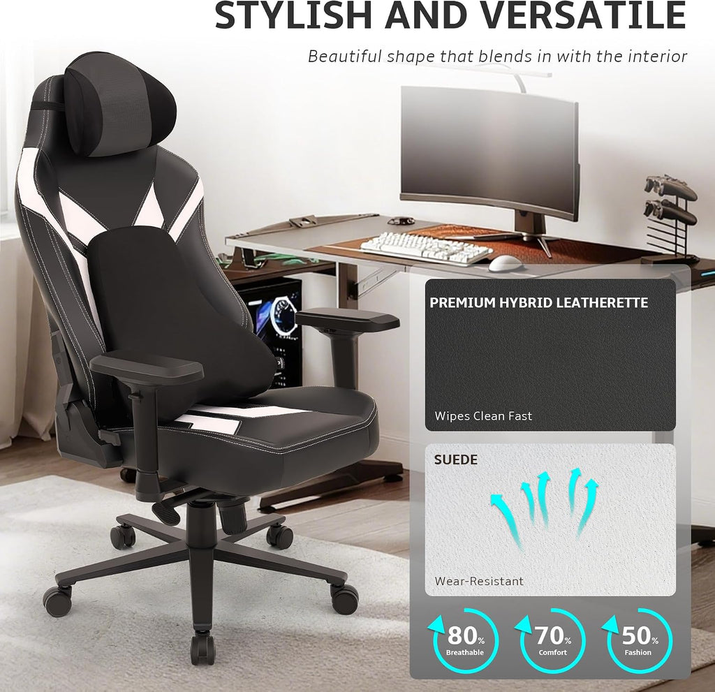Ergonomic Gaming Chair, Wyrdforging Computer Desk Chairs, 4D Armrests, High Back Office Chair With Headrest & Lumbar Pillow, Tilt Rocker Recliner, Heavy-Duty Base, Black PU Leather & White Suede Combo