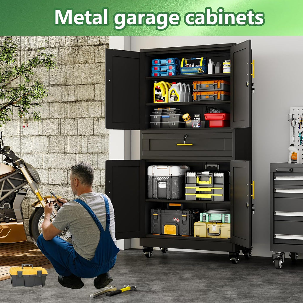 Black Metal Storage Cabinet, 71' Tall Locking Storage Cabinet with 2 Adjustable Shelves, Steel Locker Organizer, for Office, Home, School