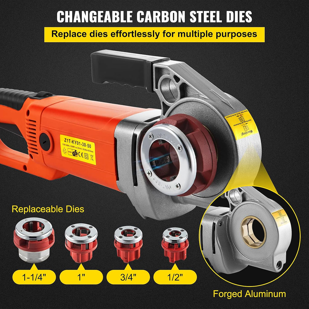 VEVOR Electric Pipe Threader, 2300W Pipe Threading Machine with 4 Dies 1/2' - 1 1/4', 110V Hand-held Pipe Threader Machine with Copper Motor, Portable Electric Pipe Threading Kit with Carrying Case