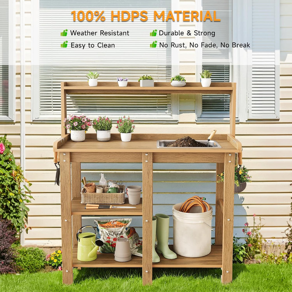 ONBRILL Potting Bench, Outdoor Potting Bench Table with Removable Sink, HDPS Potting Benches for Outside, Garden Table with Storage Shelves & 4 Side Hooks, No Rot, No Fade, No Break, 360lbs Capacity