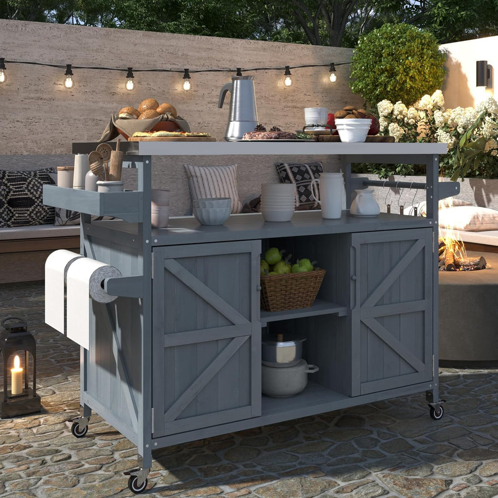 50.25' W Grill Cart with Stainless Steel Tabletop - Outdoor Storage Cabinet for BBQ, Bar Patio Kitchen Island with Ample Storage and Lockable Wheels