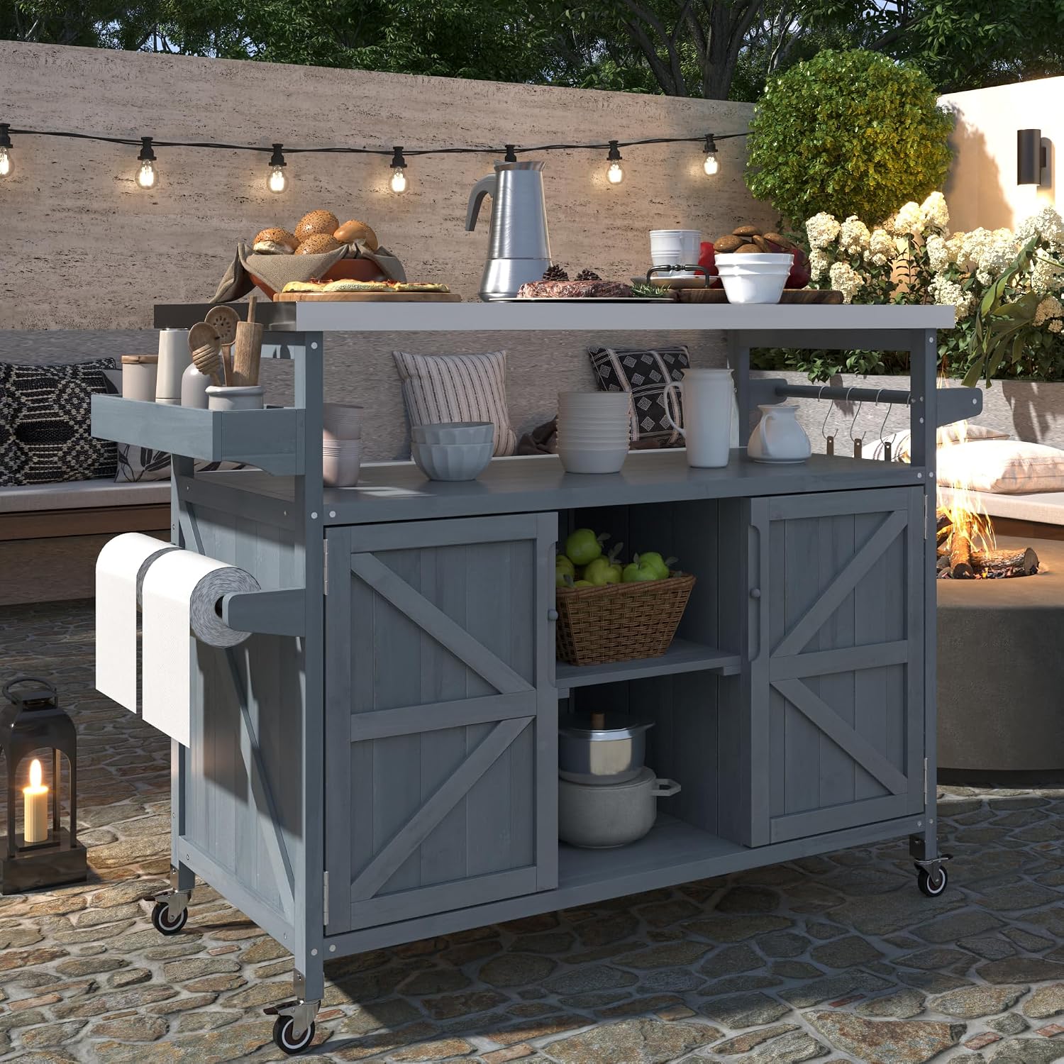Outdoor Grill Carts for Patio Graden BBQ with Storage Cabinet, Home Rolling Kitchen Island Bar Cart with Stainless Steel Top, Food Prep Table with Shelves, Spice Rack & Towel Holder (Grey Blue)