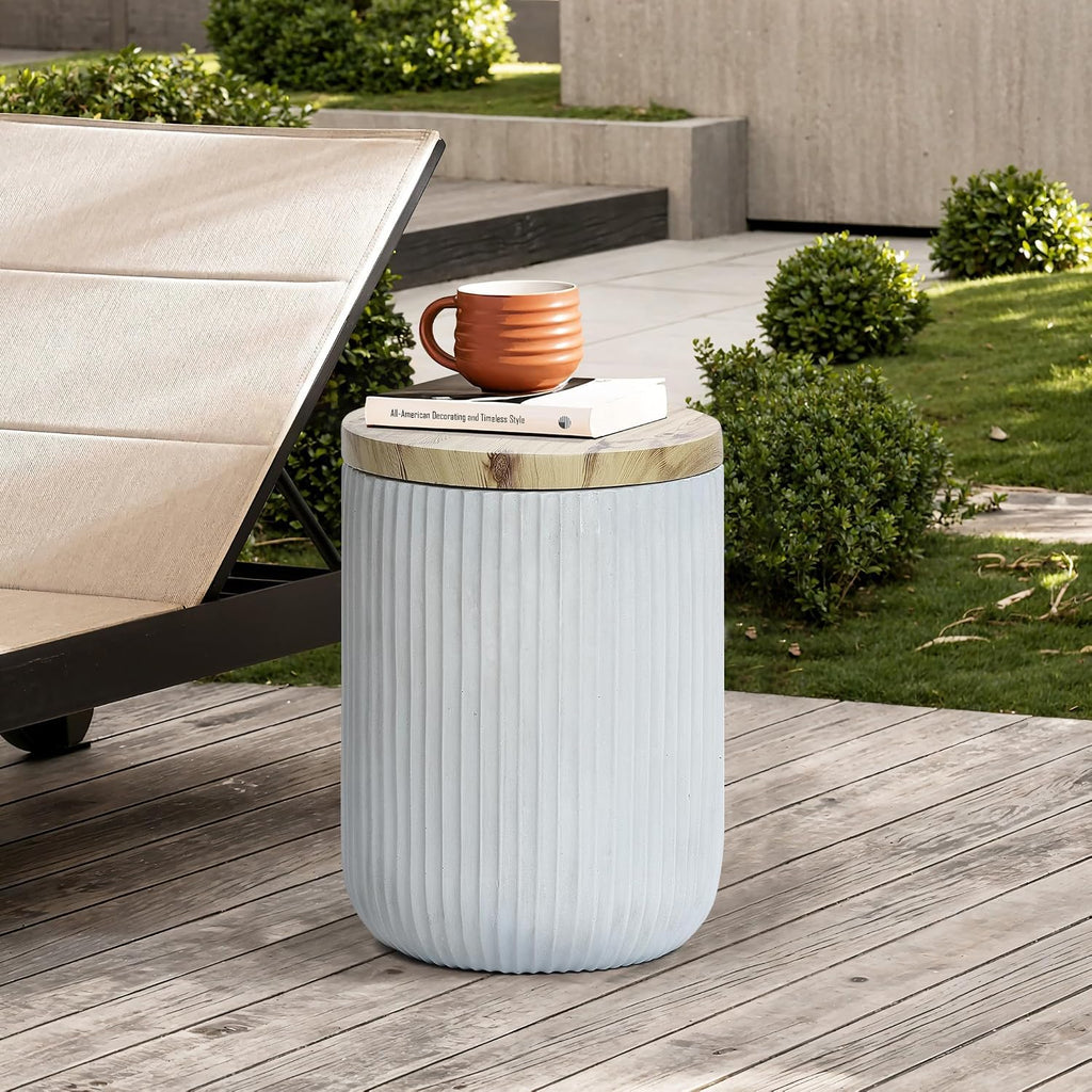 LuxenHome 18' Outdoor Side Table with Storage, Cement Patio End Table with Wood Finish Lid, Accent Table for Patio, Porch, Poolside, Backyard, Outside, Indoor, Garden Stool, Drum, Plant Stand