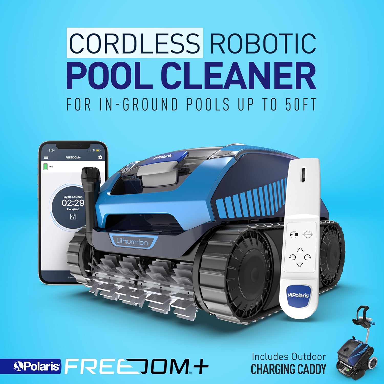 Polaris Freedom Plus Cordless Robotic Pool Cleaner for In-Ground Pools up to 50 ft, Outdoor Charging Caddy Included, Remote Control Included
