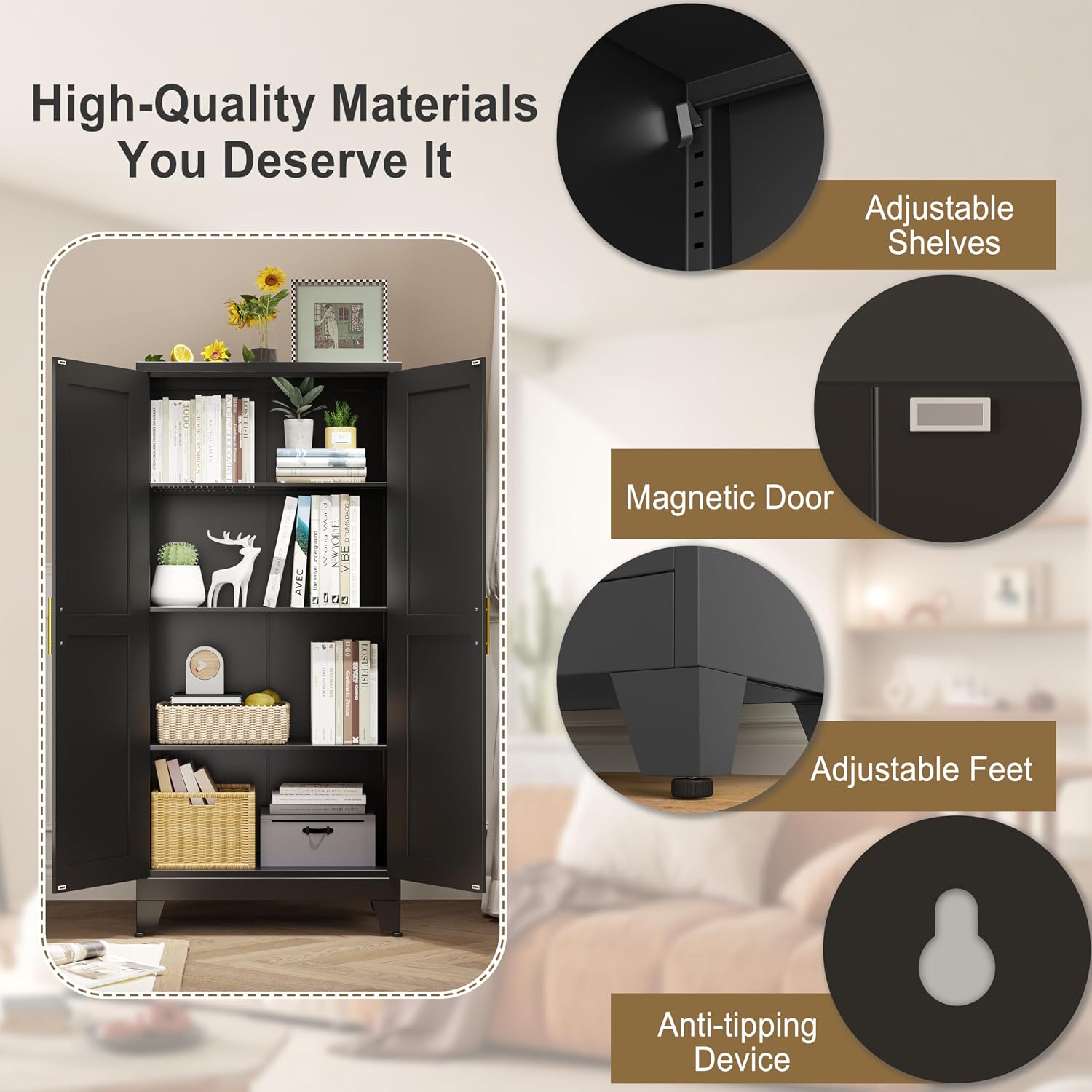 pozdeg Metal Storage Cabinet - 61' Tall Steel File Cabinets with 2 Doors and 3 Adjustable Shelves Versatile Storage Pantry Cabinet for Home Office Warehouse Garage or Outdoor (Black)