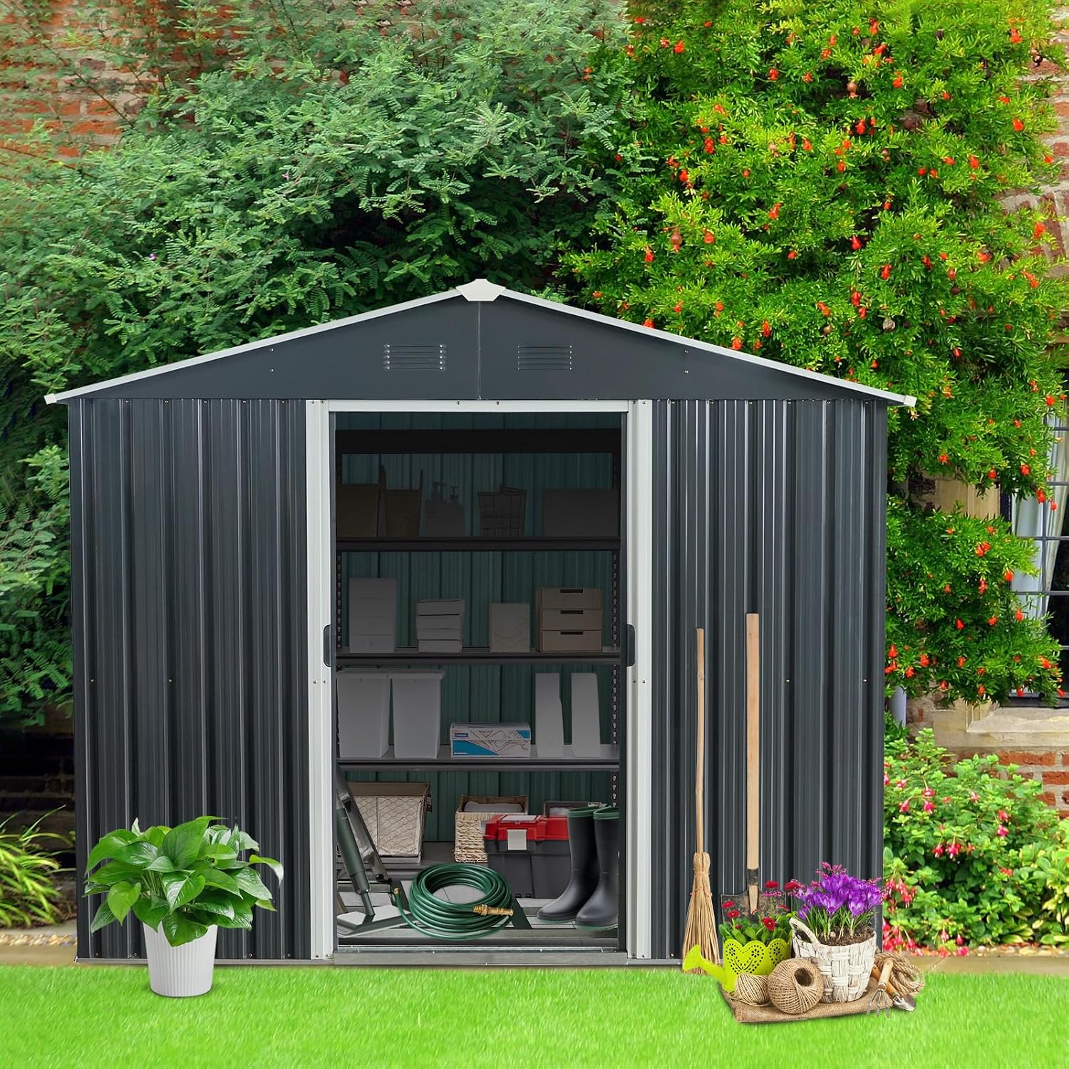 8ft x 10ft Outdoor Metal Storage Shed with Floor Base,Black