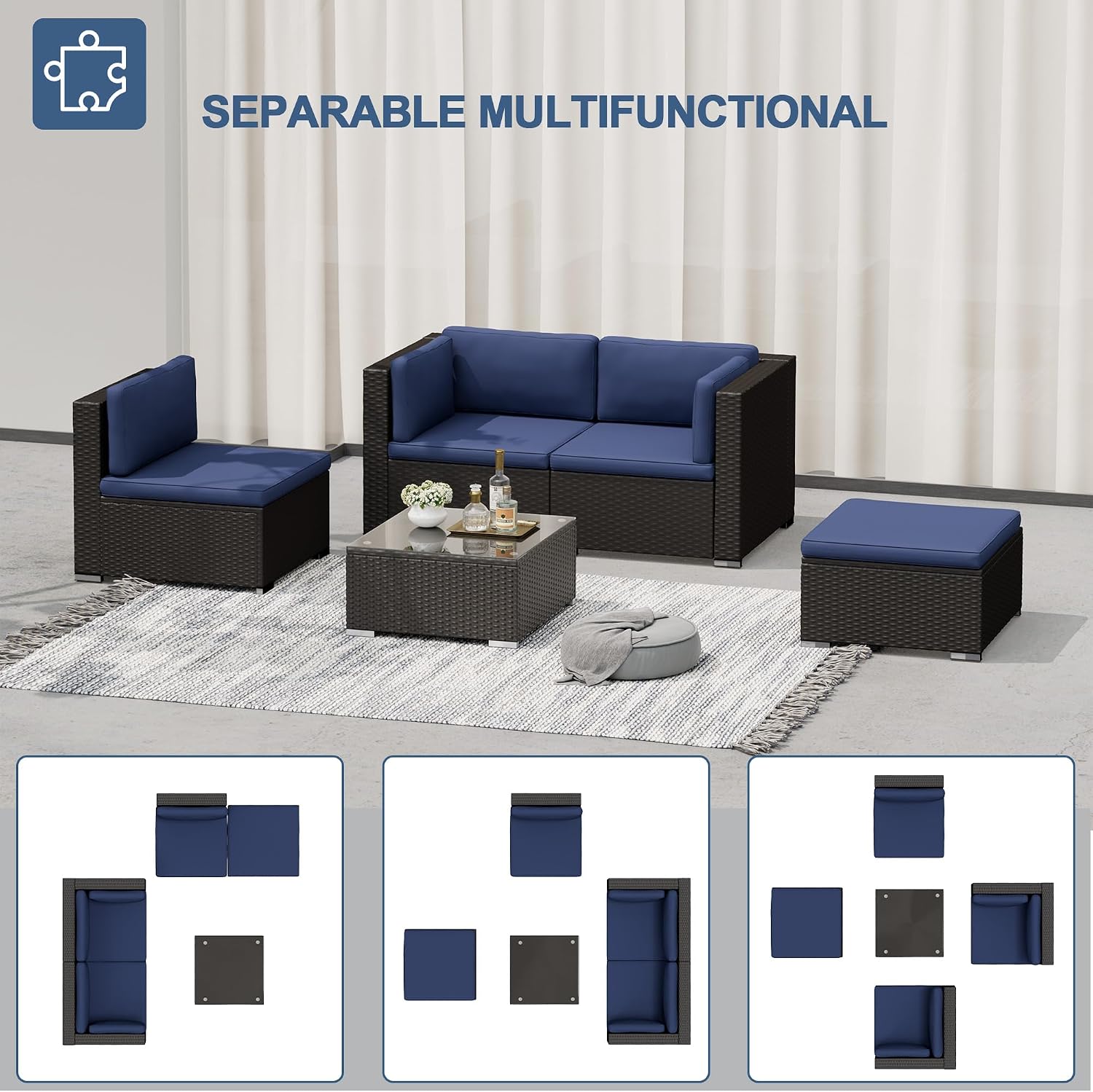Oakcloud 5-Piece Outdoor Patio Furniture Sofa Set Black Rattan Wicker Sectional Conversation Sets with Glass Top Table and Cushions(Dark Blue)