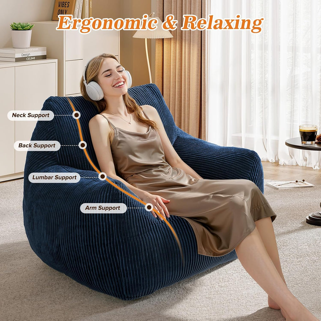 Big Bean Bag Chair for Adults, Ultra Soft Living Room Bean Bag with Armrests, Stuffed BeanBag Chair for Napping, Gaming, Vacuum-Compressed for Easy Gifting, 48 Hours to Fluffs Up, Navy Blue