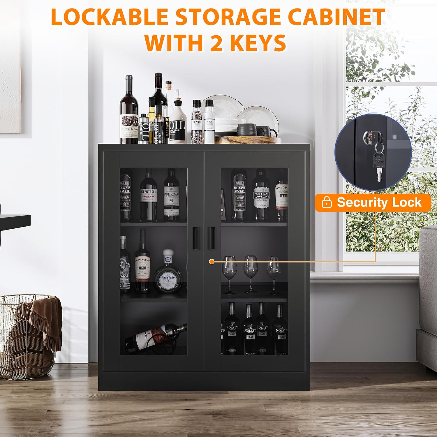 Lockable Display Cabinet with Acrylic Doors and Adjustable Shelves, Metal Storage Cabinet Curio Liquor Cabinet, Display Case Bookcase for Home Office, Pantry(Black)