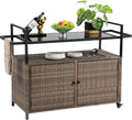 HOMEFUN Outdoor Bar Cart Table - Patio Console Storage Cabinet BBQ Grill Carts Buffet with Wheels Waterproof Wicker Serving Tables for Outside, Brown