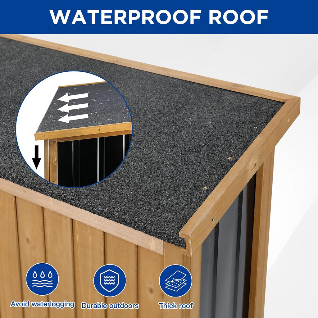 Outdoor Storage Cabinet Wood & Metal with Waterproof Roof, Garden Tool Shed with 3 Removable Shelves, 4 adjustable reinforced feet with metal brackets, 6 T-Hinge, magnetic door,15.6'D x 32.3'W x 66'H