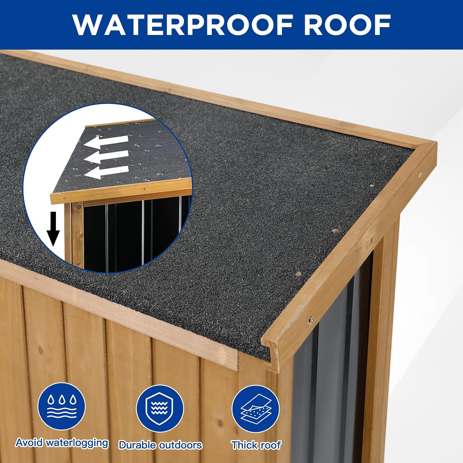 Outdoor Storage Cabinet Wood & Metal with Waterproof Roof, Garden Tool Shed with 3 Removable Shelves, 4 adjustable reinforced feet with metal brackets, 6 T-Hinge, magnetic door,15.6'D x 32.3'W x 66'H